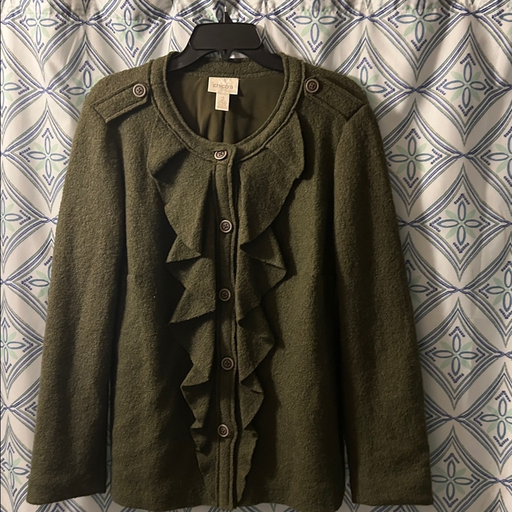 EUC CHICO’S Deep Olive Boiled Wool Blazer or Jacket Depending on Occasion, GREAT - Picture 4 of 16